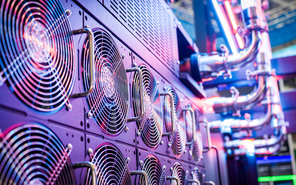 Server cooling fans illustrating the electricity and heat demands of cryptocurrency mining