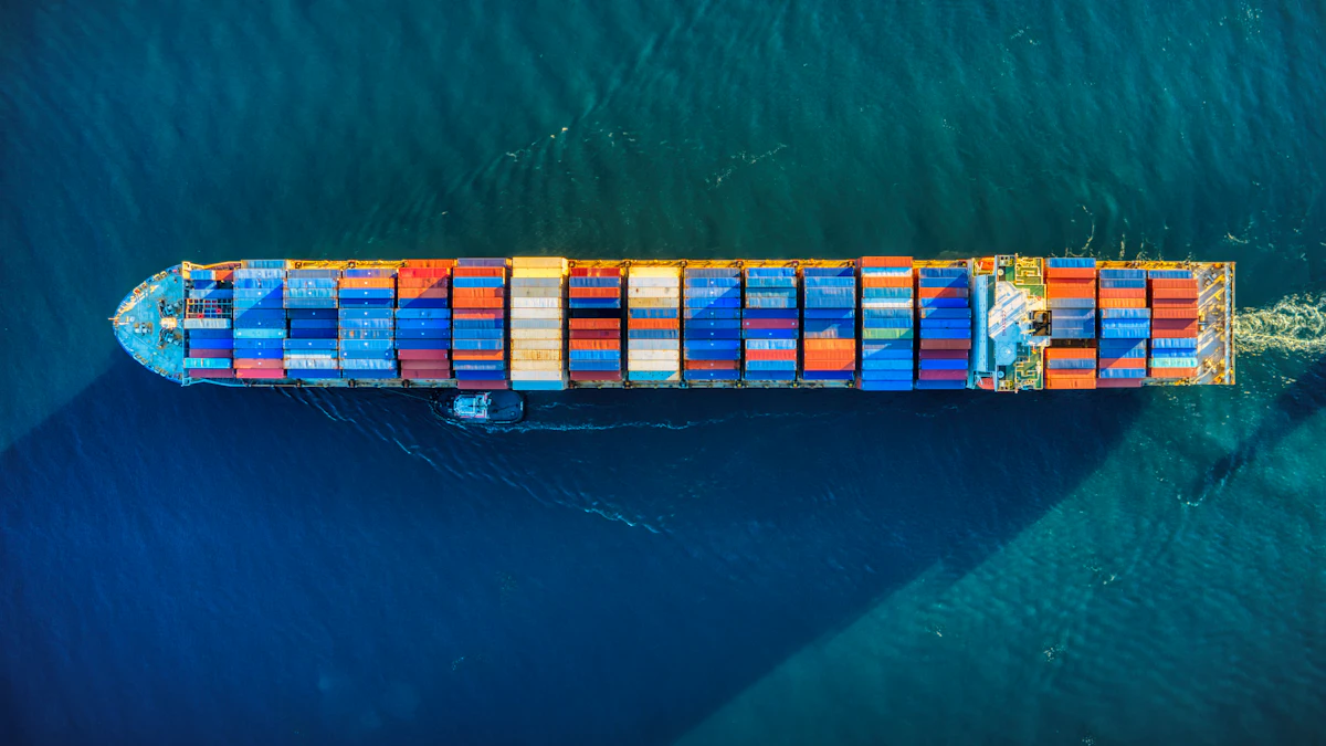 Aerial view of a cargo ship moving through open water, illustrating cross-border trade routes
