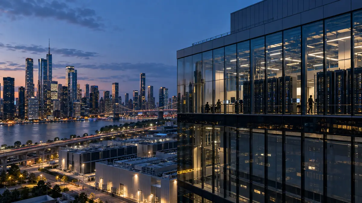 Editorial illustration of a financial district and data-center operations building at blue hour.