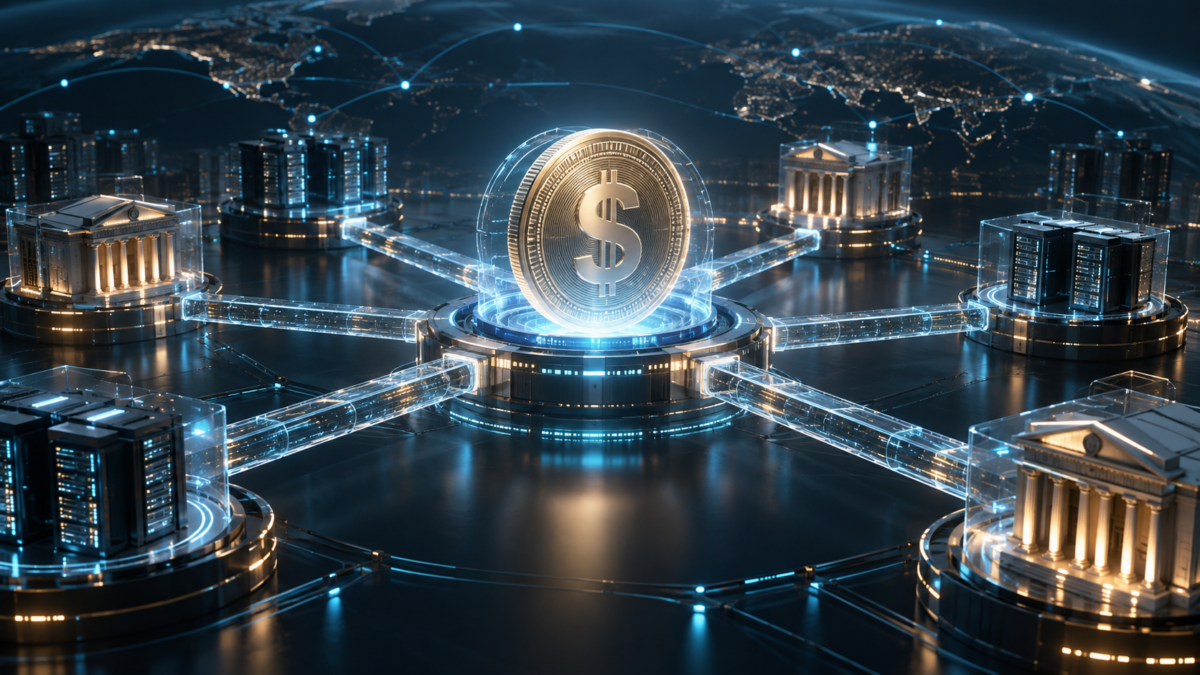 Editorial illustration of a stablecoin-native blockchain network linking validator nodes and payment rails