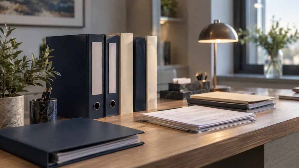 Unmarked fund folders on a counter in an institutional fund-administration office.