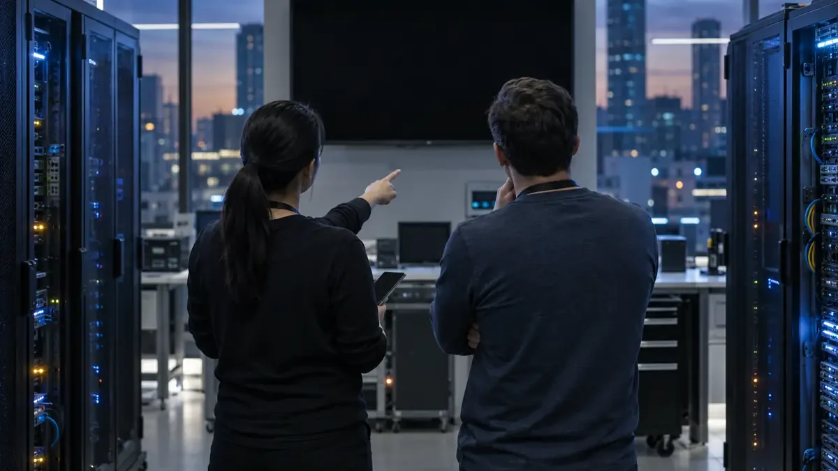 Editorial illustration of two operations engineers beside server cabinets and a blank display.