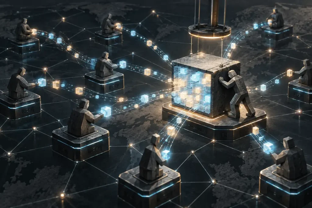 Editorial illustration of independent validator nodes sending transaction inclusion lists to a shared blockchain block.