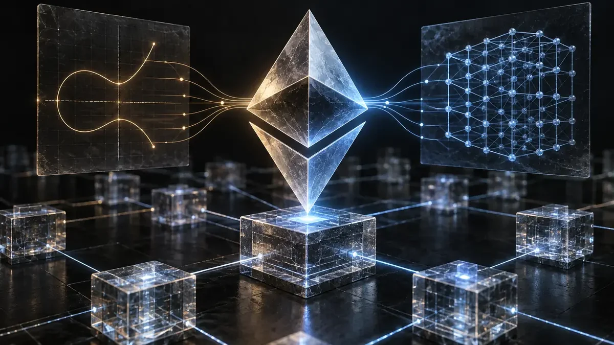 Editorial illustration of a decentralized Ethereum network shifting from classical cryptography to a post-quantum security model.