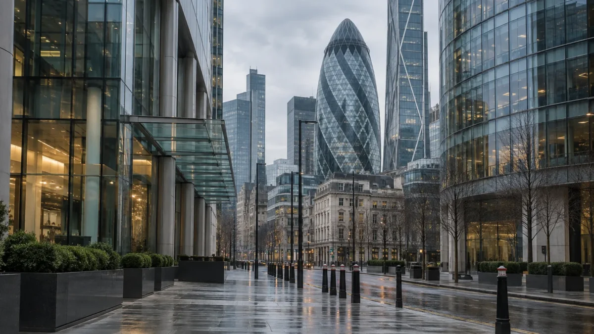 London financial district buildings seen from street level on an overcast morning