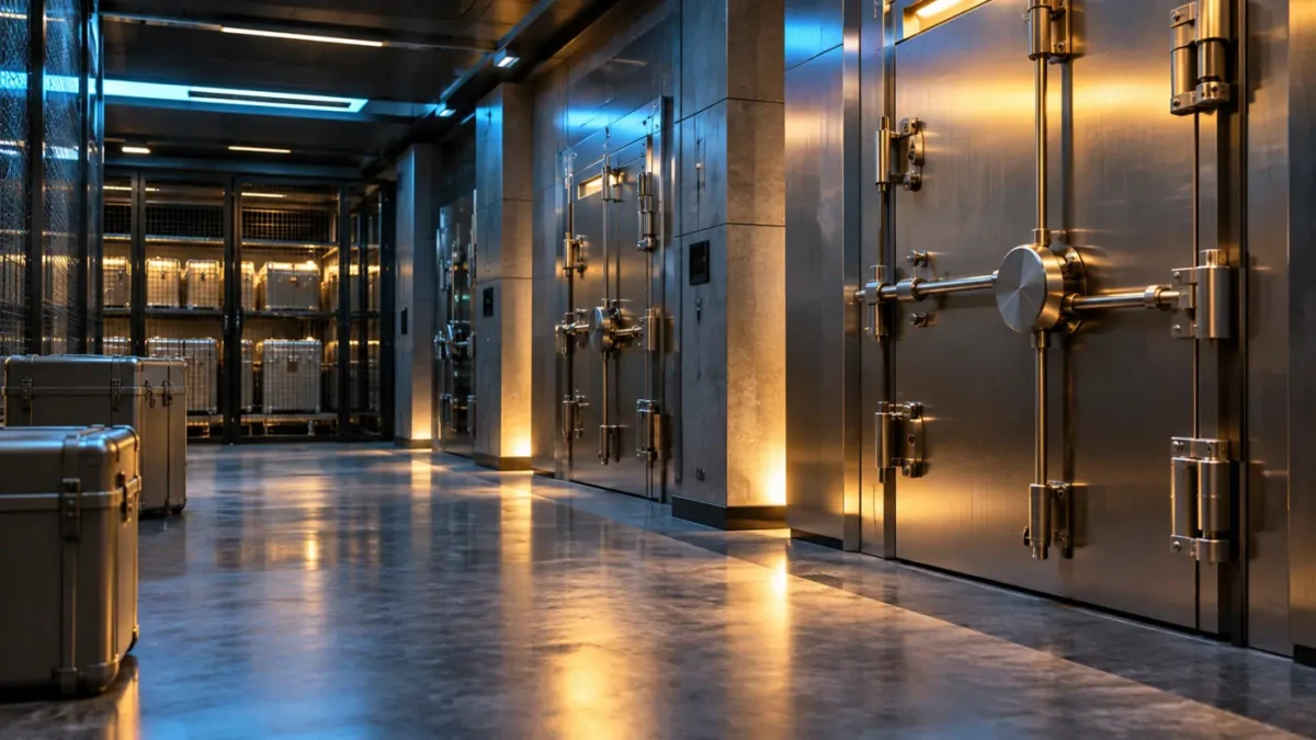 Illustrative secure institutional digital-asset custody corridor with unmarked storage cases; no specific Circle or Morpho facility depicted.