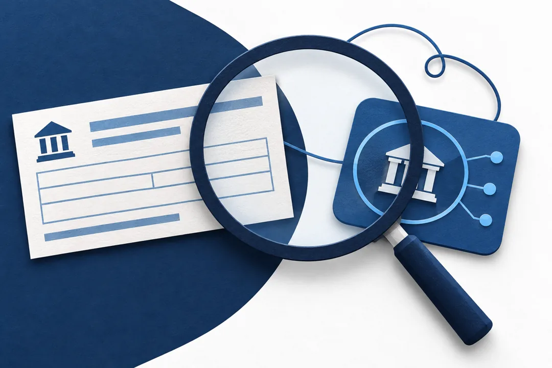 A magnifying glass links a bank deposit record to its digital representation