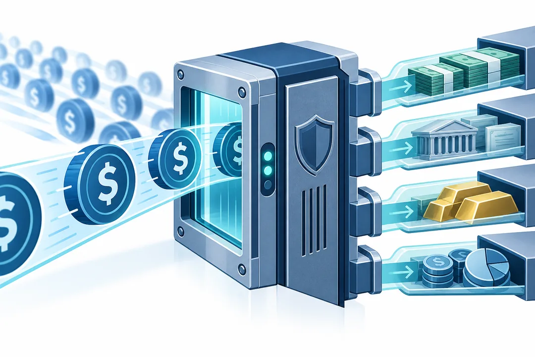 Stablecoin redemption path connecting digital units to diversified liquid reserves