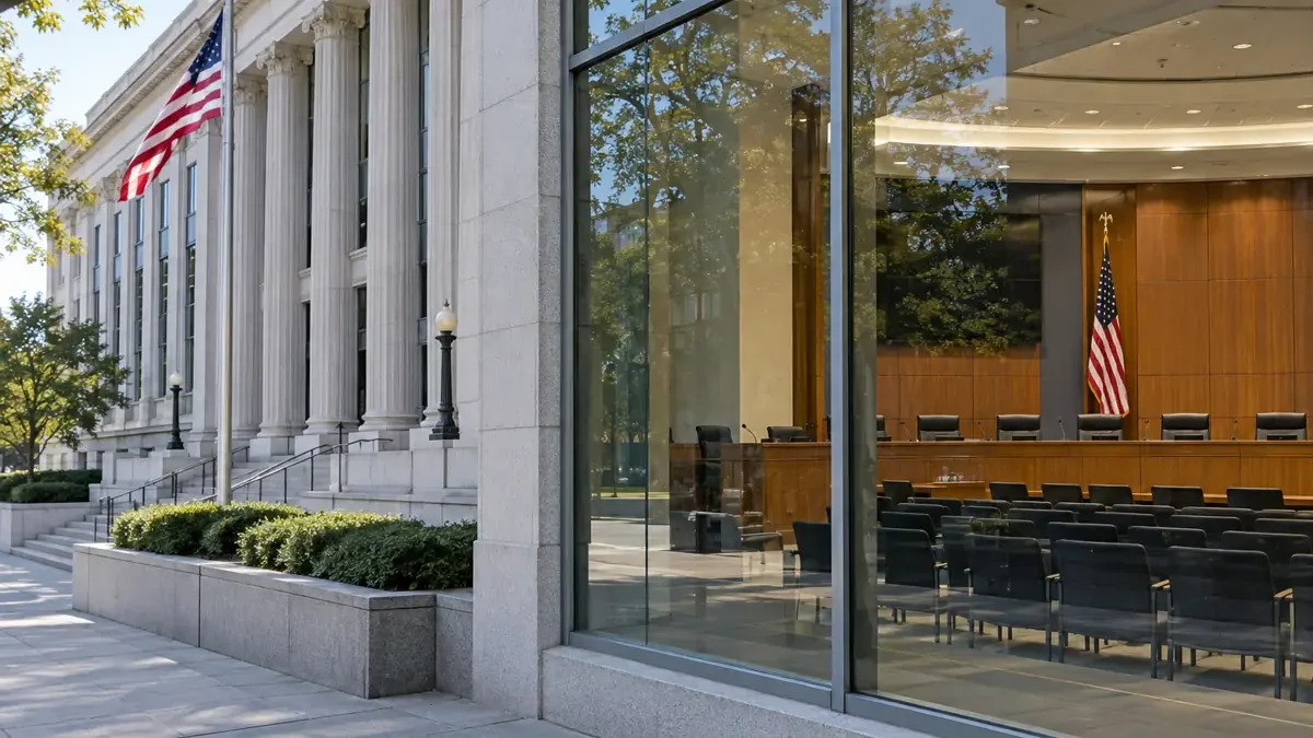 U.S. securities regulator headquarters beside an empty public meeting room.