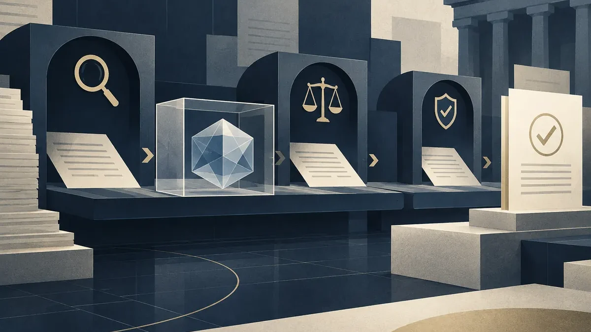 Conceptual editorial illustration of a digital-asset offering moving through a structured disclosure framework.