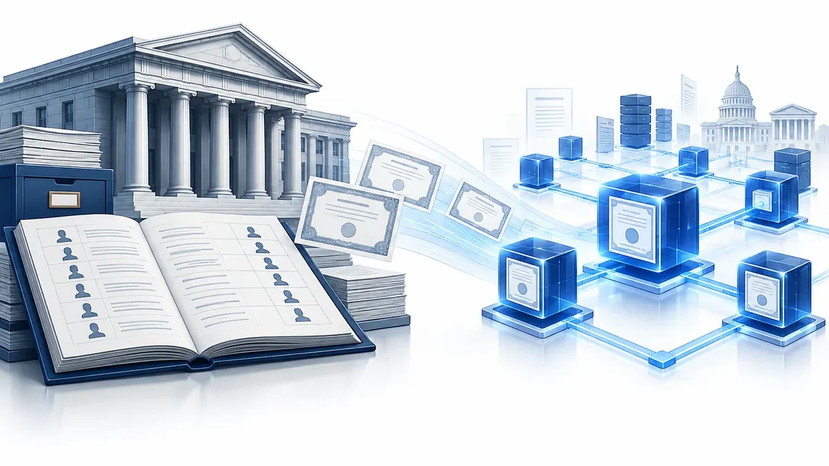 Abstract blue ownership ledger and blockchain settlement network for tokenized shares