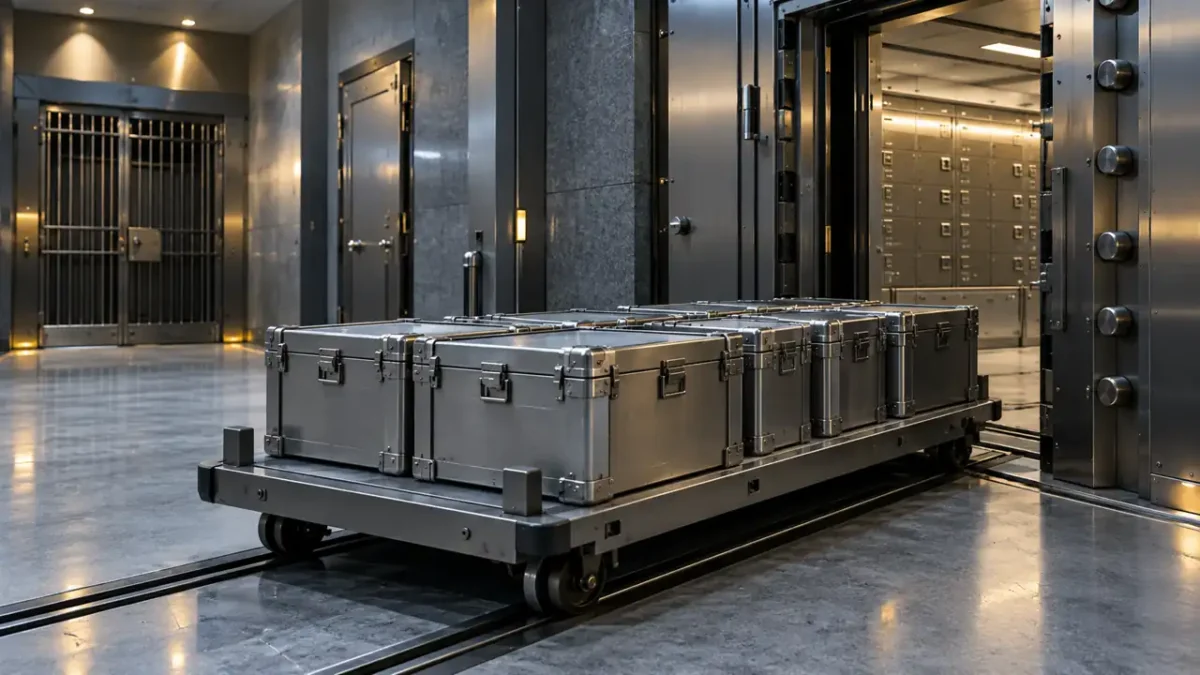 Sealed matte-steel containers on a low inspection trolley in a quiet securities-custody vault aisle, with security doors and overhead lights visible.