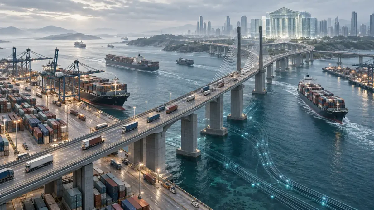 Photorealistic conceptual aerial view of container routes and fiber bundles crossing toward a translucent banking-like structure.