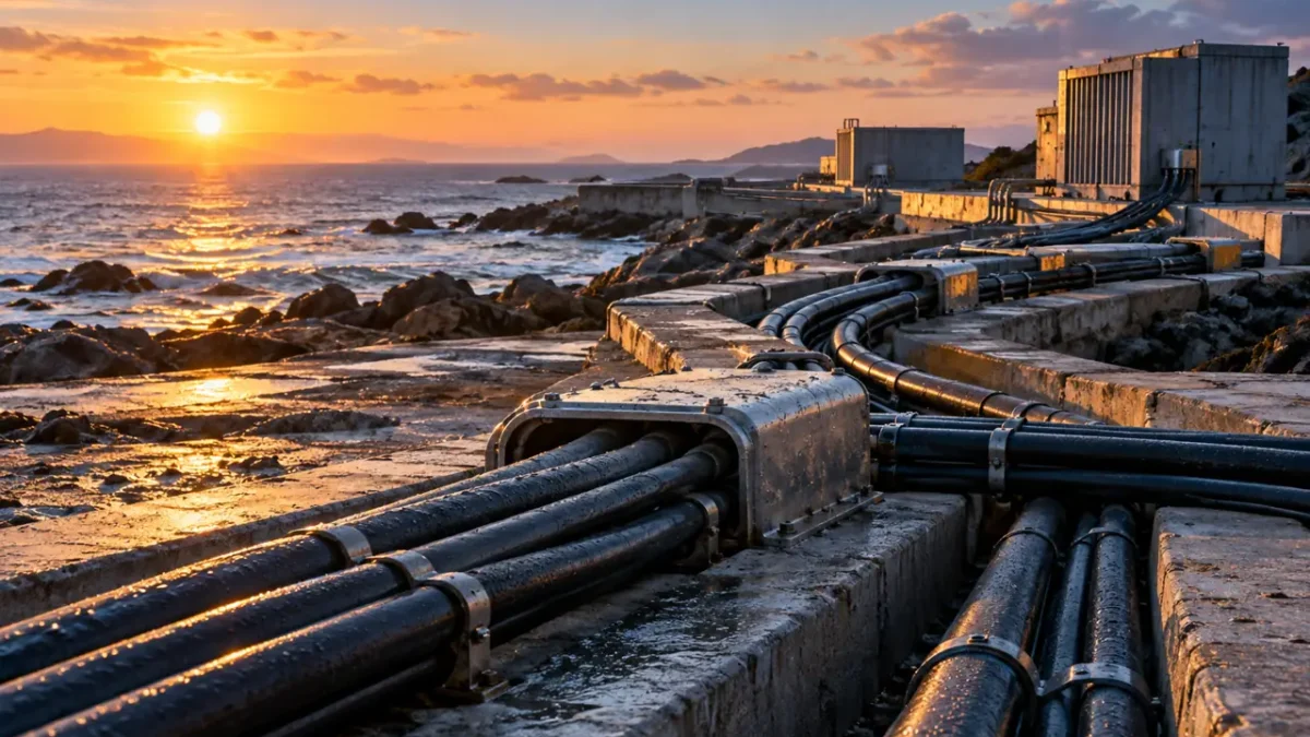 Coastal telecommunications landing station with fiber conduits in warm dawn light