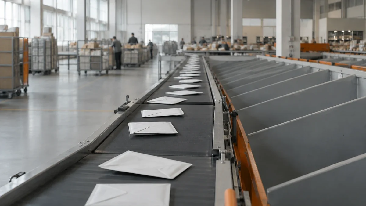Plain sealed envelopes move through an unmarked sorting hall with workers in the background.