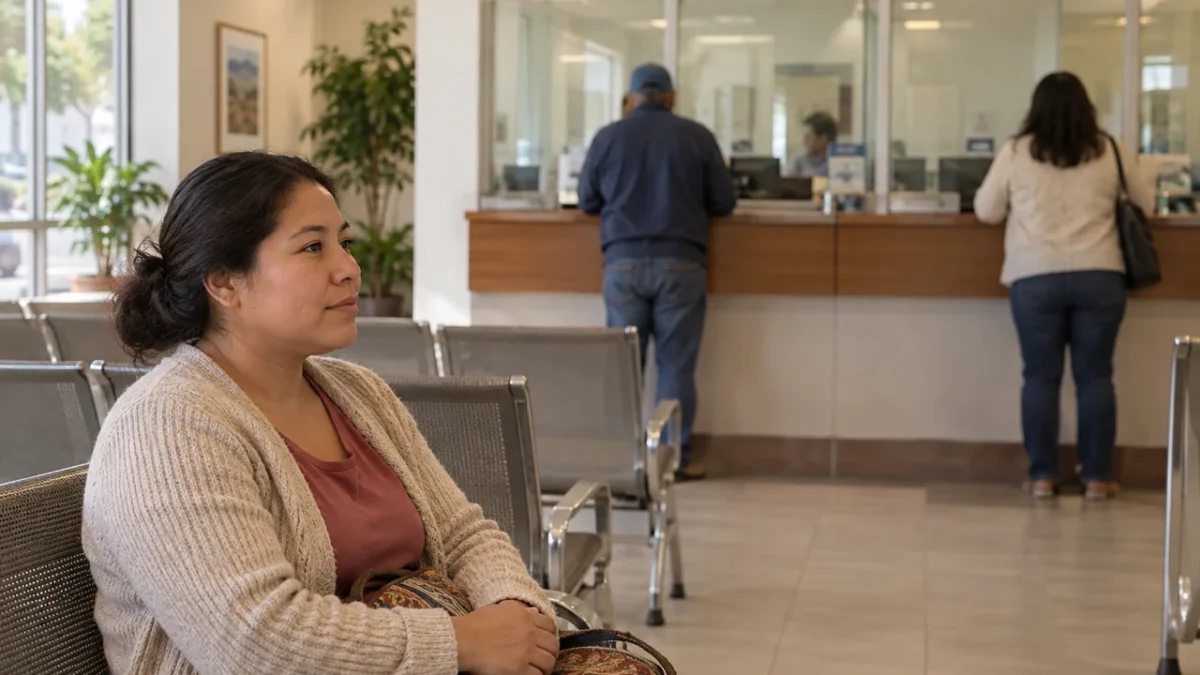 A customer waits on a bench while two people stand at glass service counters in a fictional money-transfer branch.