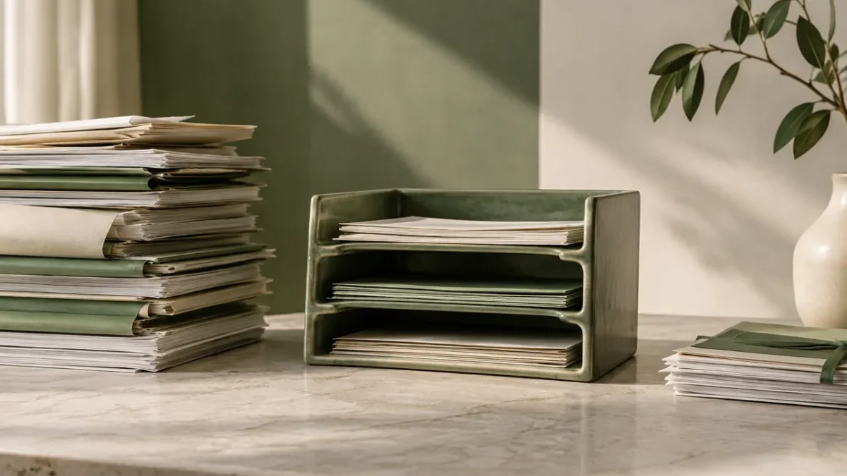 Green-and-cream ceramic routing tray with layered papers symbolizing invoice review, approval, reconciliation, and USDC integration.