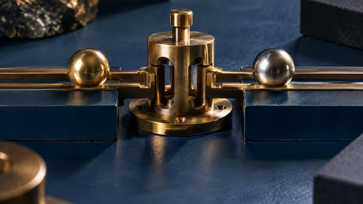 Two unmarked metal pieces approach a shared brass gate along separate tracks.