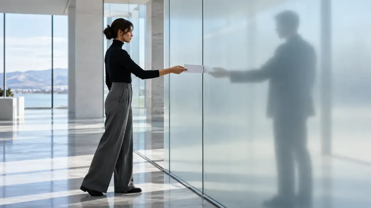 A person passes an unmarked envelope through a translucent glass partition while another person remains a soft silhouette.