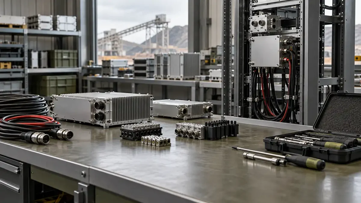Unbranded metal control modules, separated power cables, connector blocks, an open tool case, and a partially assembled equipment rack on an industrial workshop bench.