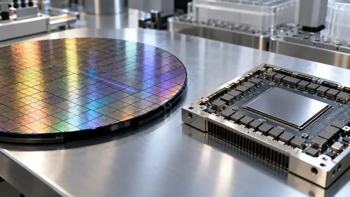 Generic silicon wafer and bare accelerator module on a semiconductor research bench